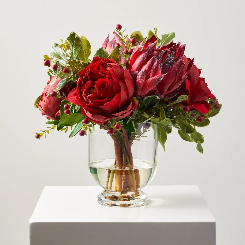 Mi Amour - Real Touch Red Peony, King Protea & Mini Berry Spray Holiday Christmas Floral Arrangement