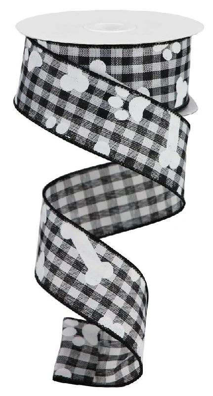 Paw Prints & Bones on Gingham Wired Edge Ribbon, 10 Yards (Black, White, 1.5 Inch)