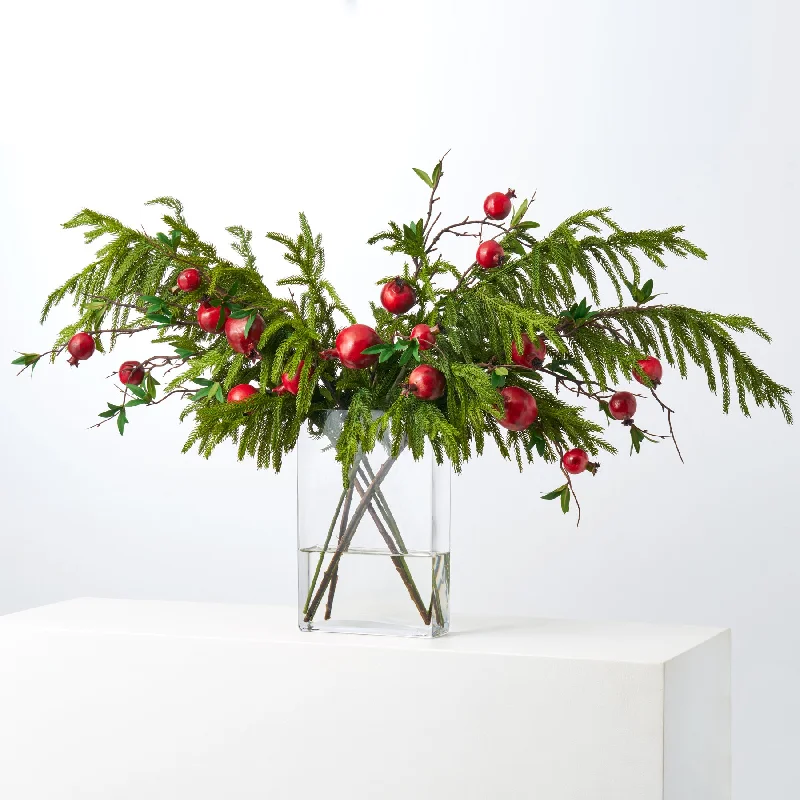 Real Touch Norfolk Pine & Lifelike Red Pomegranate Branches in Modern Rectangle Vase Large Water Illusion Arrangement