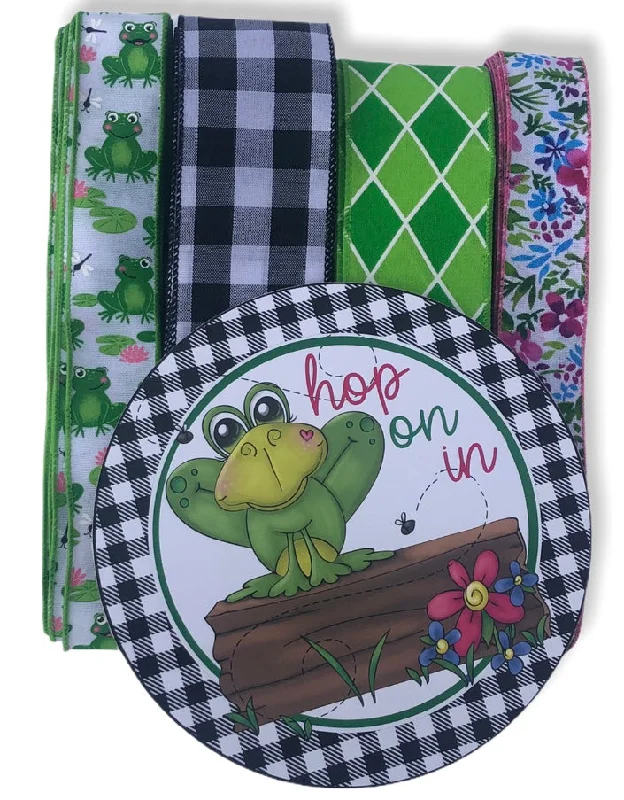 Hop on In  Frog Sign and Ribbon Combo Kit, Spring Wreath Kit, Wreath Supplie