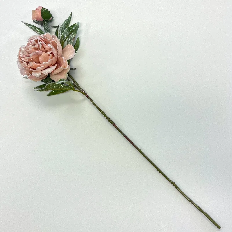 Snow Flocked Blush Pink Peony Bloom & Bud Faux Floral Stem Spray - 28"