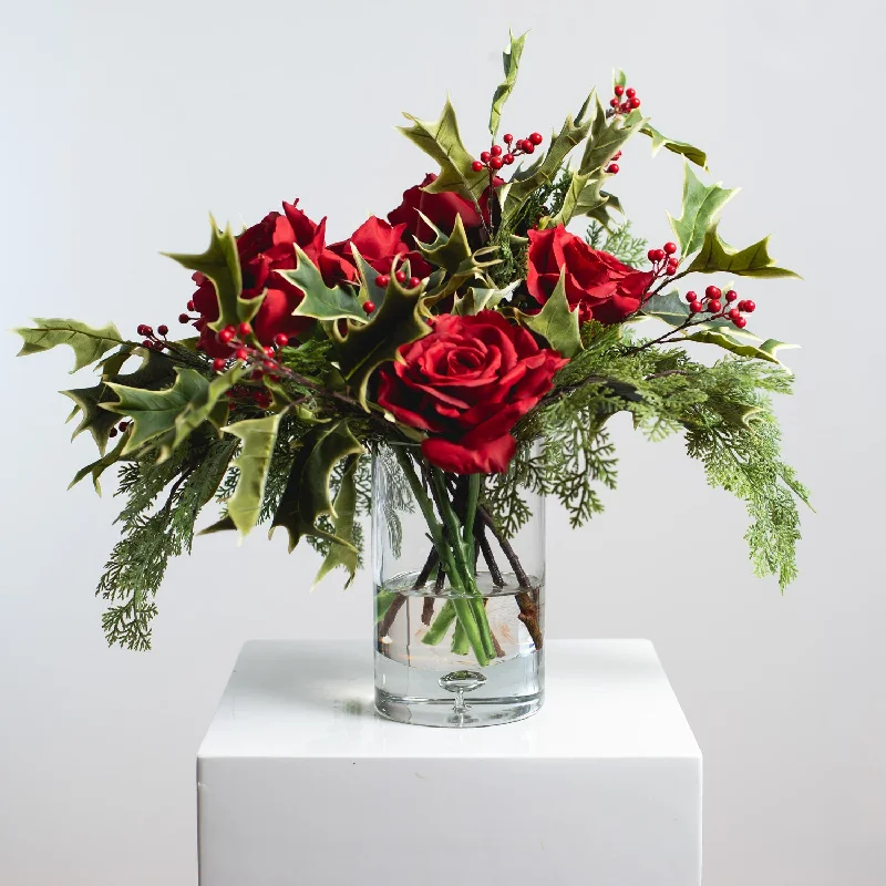 Tis The Season - Red Christmas Rose, Cypress & Holly Holiday Floral Arrangement Centerpiece in Glass Vase