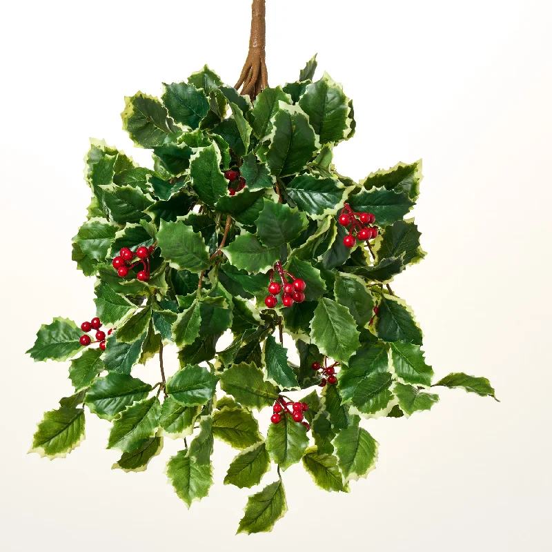 Variegated Green Holly Leaf & Red Berry Vine Christmas Bush Spray - 19"