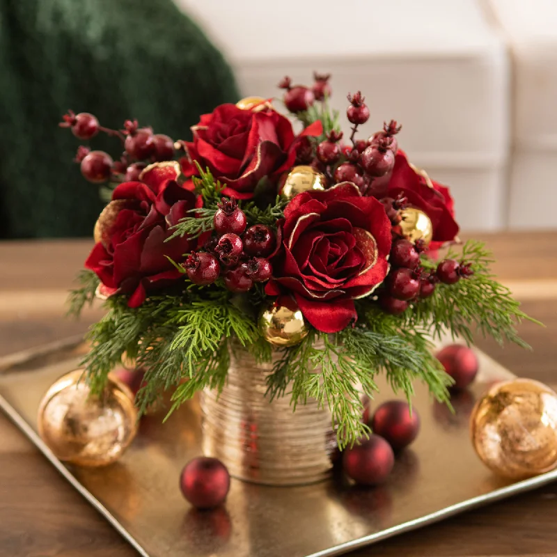 Velvet Burgundy Rose, Mixed Cedar & Metallic Cherry Berry Christmas Floral Arrangement in Gold Textured Pot