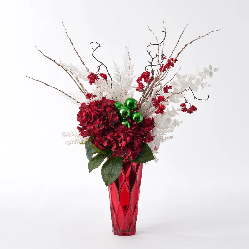 What a Wonderful Christmastime Holiday Arrangement in Red Jewel Mercury Glass Vase