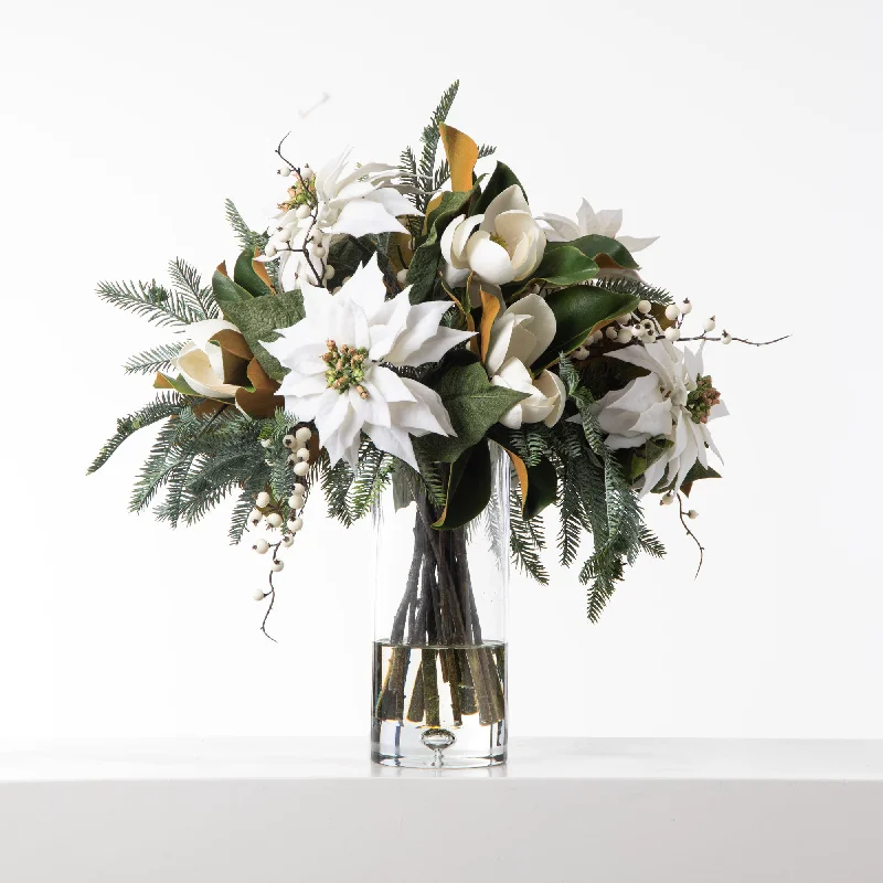 White Velvet Poinsettia, Real Touch Pine, Magnolia & White Snowberry Branches Large Winter Flower Centerpiece Christmas Water Illusion Arrangement