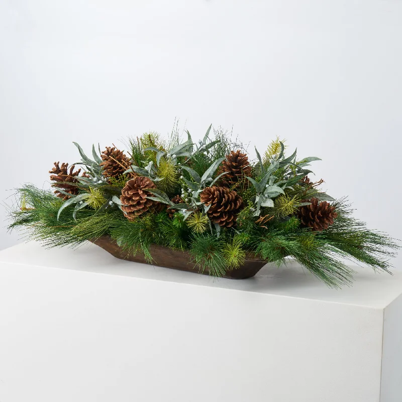 Woodland Wonder - Mixed Long Needle & Briar Pine, Eucalyptus Pod, Juniper Berry & Pinecone Large Winter Greenery Christmas Centerpiece in Wood Bowl