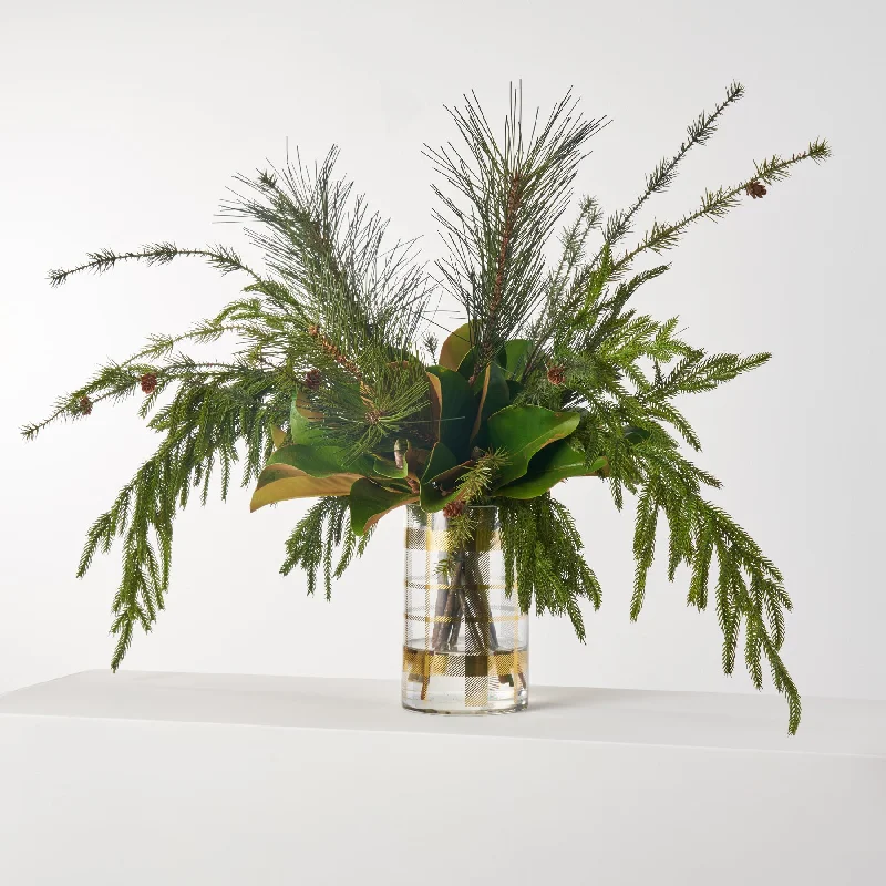 Yuletide Greenery - Norfolk & Scotch Pine, Magnolia Leaves with Pinecone Arrangement In Gold Plaid Painted Glass Vase Centerpiece